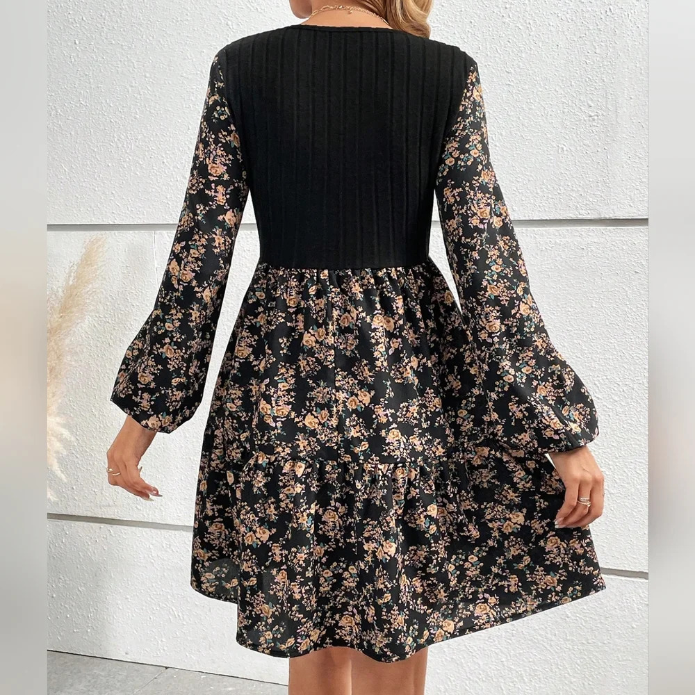 Floral Print Lantern Sleeve Ruffle Hem Dress - Picture 3 of 5